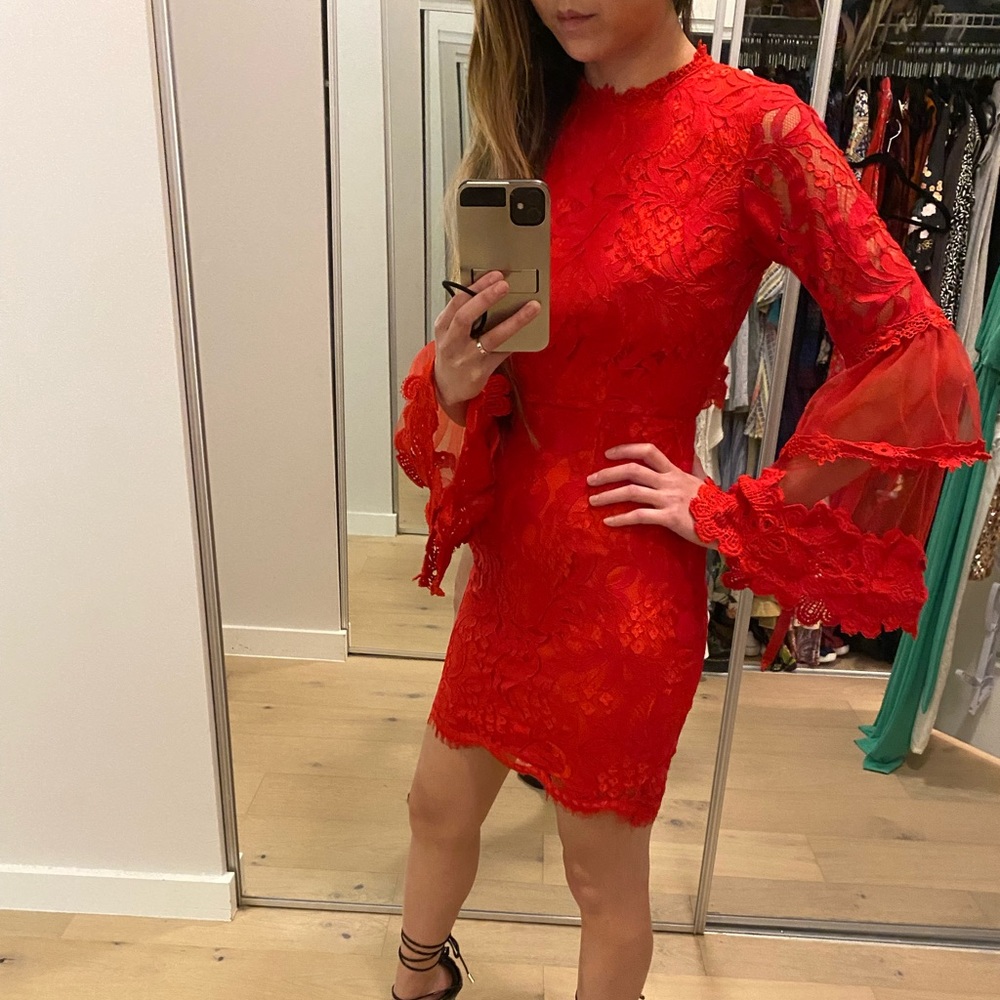 Red flared-sleeved dress